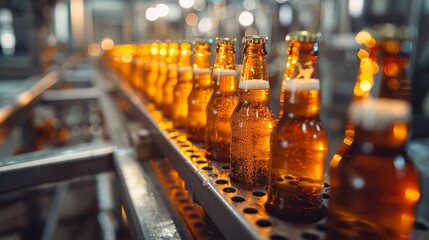 Filling beer bottles on brewery conveyor, clear closeup, production machinery backdrop