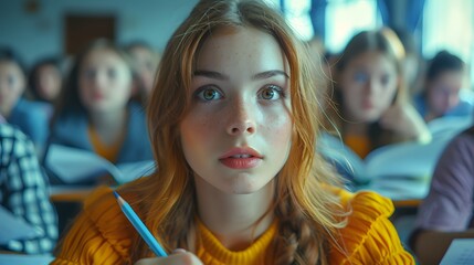 students taking a standardized test, their pencils moving methodically across the page as they tackle challenging questions, the quiet intensity of the exam room captured in cinematic 16k realism. - obrazy, fototapety, plakaty