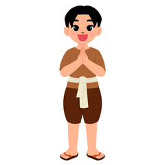 happy boy wearing thai traditional costume and greeting cartoon illustration