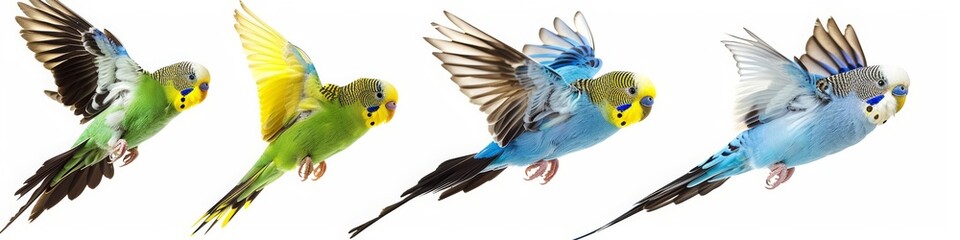 Budgerigars parakeets of 4 different colors, yellow blue green and white, flying or standing on the floor on a pure white background - Powered by Adobe