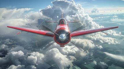 Solo red plane in a white squadron, front view, skyward ascent