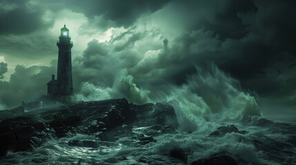 Stormlashed lighthouse, emblem of leadership and vision, dramatic and forceful landscape - obrazy, fototapety, plakaty