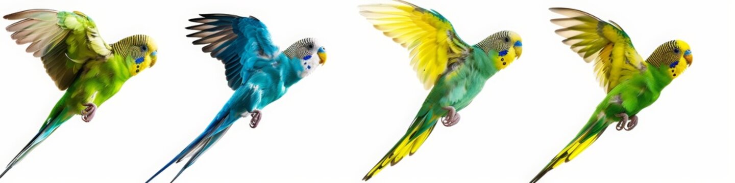 Budgerigars parakeets of 4 different colors, yellow blue green and white, flying or standing on the floor on a pure white background