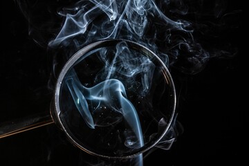 Magnifying glass with smoke on black background