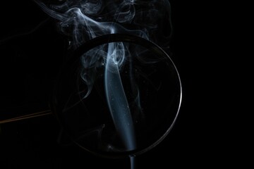 Magnifying glass with smoke on black background