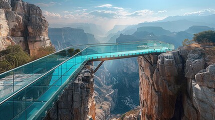 A glass observation bridge with transparent viewing platform, fixed supports, and safety railings, situated on the edge of a high cliff. Generative AI. - obrazy, fototapety, plakaty