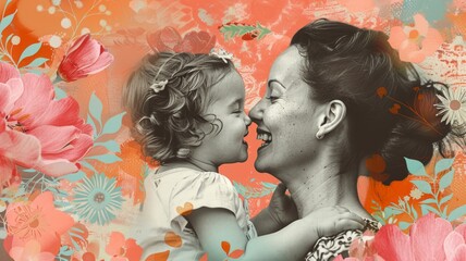 Contemporary Art Collage of Mother and Child Sharing Joyful Laughter

