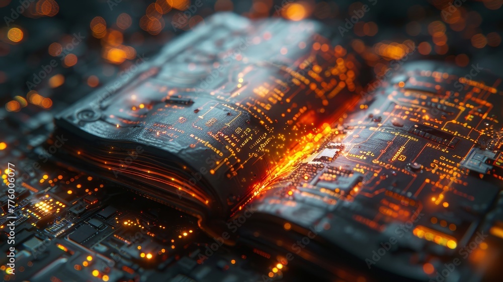 Poster Digital futuristic style book with hologram effect on background of circuit board. Neon modern illustration for landing page.