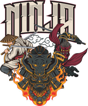 Vector Illustration of Three Tipe of Japanese Samurai with Vintage Illustration Available for Tshirt Design