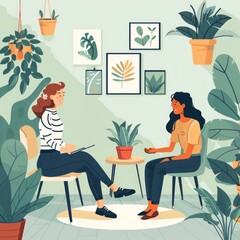 Simple Flat Illustration of Therapist and Client in Calming Therapy Session

