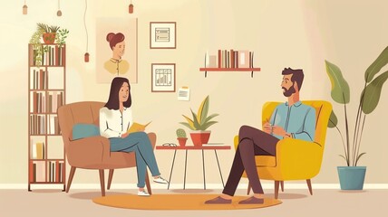 Simple Flat Illustration of Therapist and Client in Calming Therapy Session

