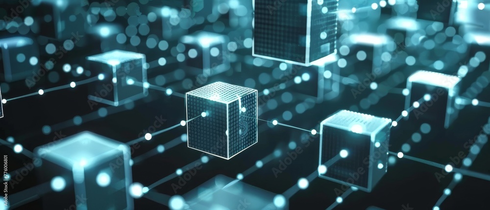 Poster Businessman touches blockchain icon on structure global network. Chain of encrypted blocks to secure business data information. Cybersecurity computing.