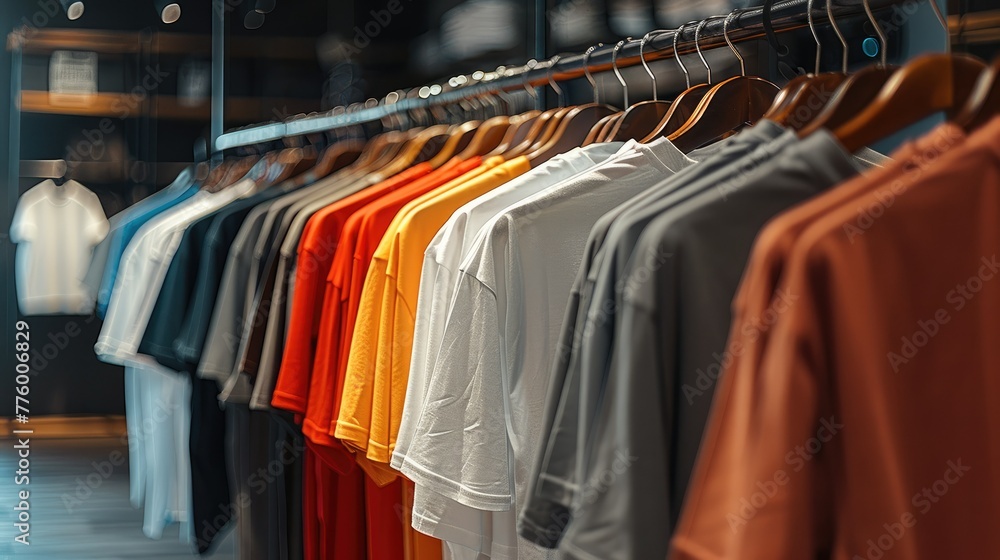 Poster t-shirts of varying color hung on a rack. generative ai.