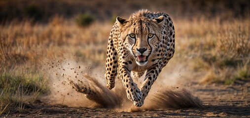  Sprinting Cheetah - Essence of Speed - Dusty Savanna Chase - Predator's Agility - Generative AI  - obrazy, fototapety, plakaty