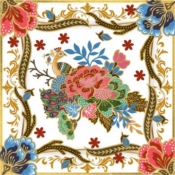 Traditional tribal ethnic glod line pattern background flower blossom luxury with pecock for print
