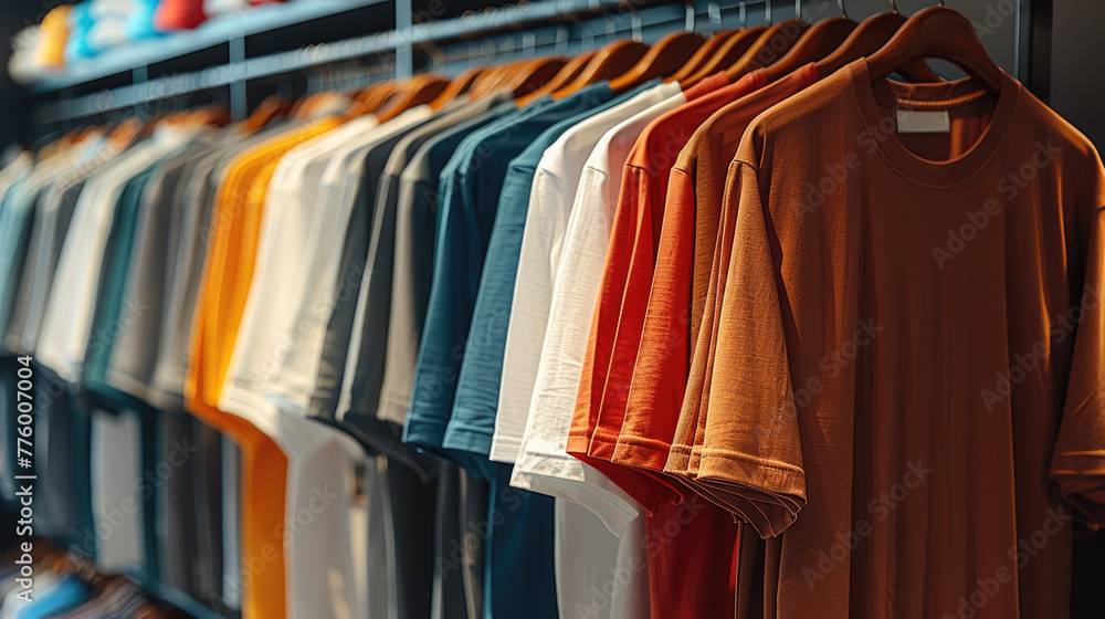 Poster t-shirts of varying color hung on a rack. generative ai.