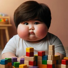 Overweight child little boy plays with colored wooden building blocks. Obese. Unhealthy diet high in fat and sugar and lack of movement. Public health problem. Chubby. Weight loss. Generative AI.