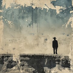 Contemporary Art Collage of Lone Cowboy Silhouette on Texas Frontier

