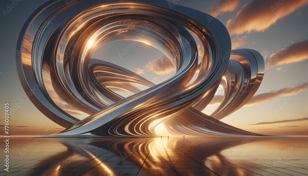 Poster a futuristic image featuring a grand, abstract structure with a reflective metallic surface. the des