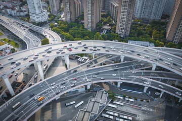 Traffic on the The NanPu Bridge, Shanghai, China, aerial