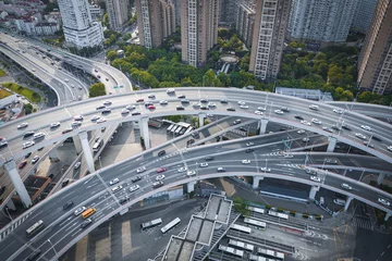 Foto op Plexiglas Nanpubrug Traffic on the The NanPu Bridge, Shanghai, China, aerial