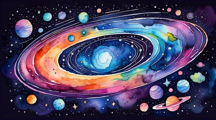 Painting of the Solar System Watercolor