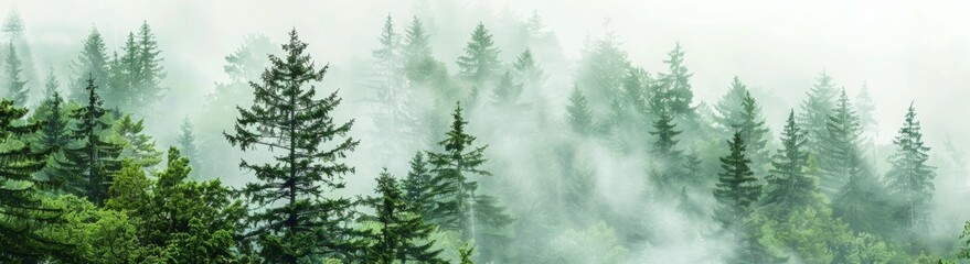 Fototapeta premium A wide panorama of a dense, foggy forest, with a white background and soft green tones. A misty forest landscape with a grey sky and green trees, showing a panoramic view in the fog