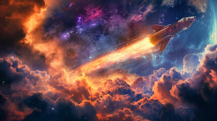 Naklejka premium New Ship flies to another planet. Spaceship takes off into the starry sky. Rocket starts into space. Concept.