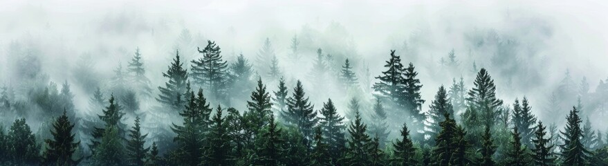 A wide panorama of a dense, foggy forest, with a white background and soft green tones. A misty...