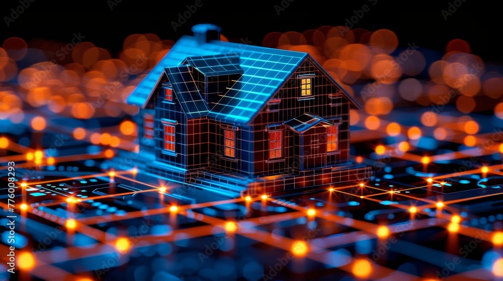 Aufkleber A glowing stack of coins and a house icon in the form of an abstract 3D graphic background. Low poly style. Geometric background. Wireframe light connection structure. Modern 3D graphic background.