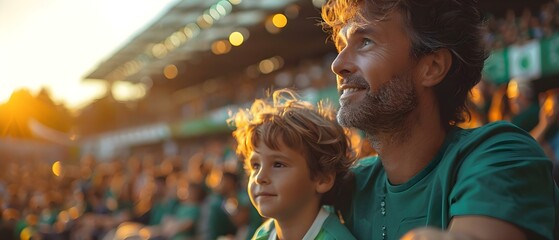 Irish father and son in green attire at sports event among enthusiastic fans in stadium. Concept...