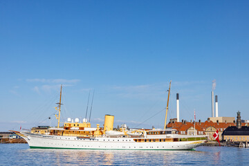Dannebrog is Denmark's royal ship. It was built at Orlogsværftet in Copenhagen and launched in 1932,Scandinavia,Europe. Here in Copenhagen harbor - 776008206
