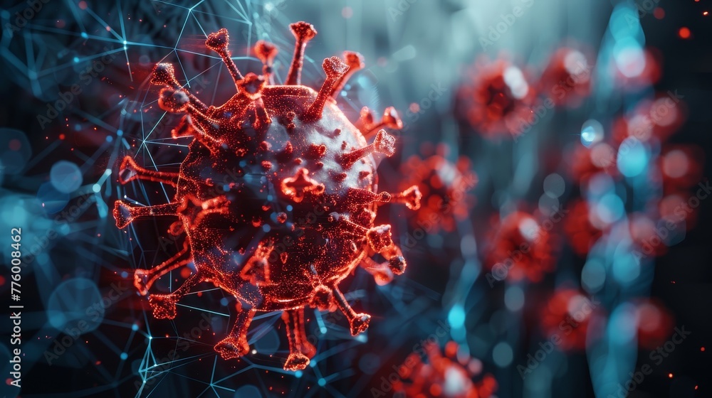 Aufkleber A futuristic blue guard shield attacked by red viruses. A concept of protection from viruses and the immune system. A low poly digital style with a blue geometric background wireframe. A modern 3D