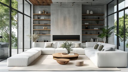 Obraz na płótnie Canvas A large living room with white sofas, a wooden coffee table and shelves in the style of concrete interior design of a modern home. Generative AI.