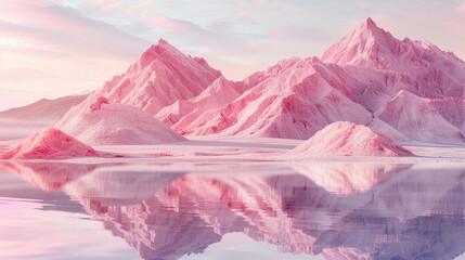 Beside a tranquil lake pink salt mountains rise a minimalist landscape hiding secrets in its pastel shades a serene mystery. Generative ai.