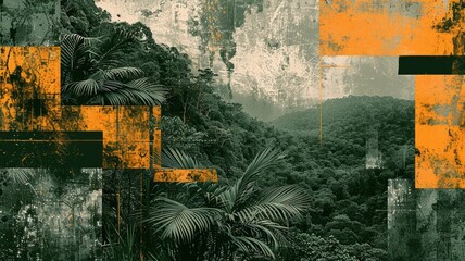 Contemporary Art Collage of Amazon Rainforest's Dense Canopy and Wildlife

