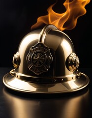 A polished firefighter's helmet ablaze with reflective fire, symbolizing the honor and tradition of firefighting services