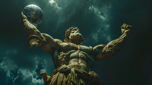 a photo of a huge great statue of the Greek god Titan having a world globe in their hands, generative Ai
