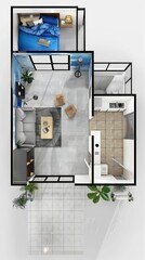 Isometric projection of a compact modern apartment showcasing an efficient use of space with a bedroom, living room, and kitchen-dining area.