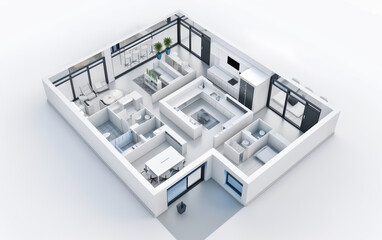 An isometric view of a contemporary apartment design, with spacious rooms, modern furniture, and a balcony, emphasizing clean lines and minimalism.