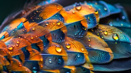 Fototapeta premium Macro close-up of beautiful color feathers with water drops.