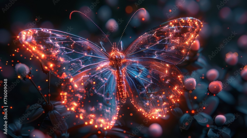Poster in this colorful modern illustration, a butterfly is shown in a digital futuristic style. the image 