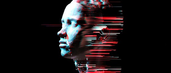 A 3D human head with a digital glitch effect, illustrating the disorienting impact of depression on perception and daily life - obrazy, fototapety, plakaty