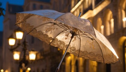 An elegant lace umbrella illuminates under streetlights on a historic avenue, evoking a nostalgic...