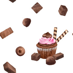 Chocolate candies and cupcake seamless pattern on white background with sweet desserts. Hand drawn in watercolor for packaging, fabrics