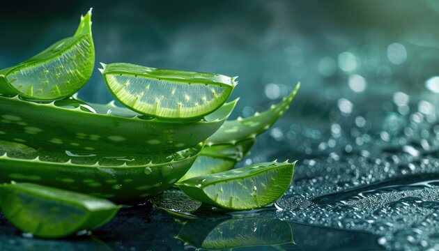 A bunch of green aloe vera leaves with some of them cut in half by AI generated image