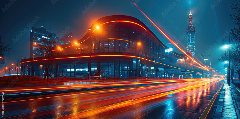 Aufkleber the light trails on the street with modern building background. generative ai.