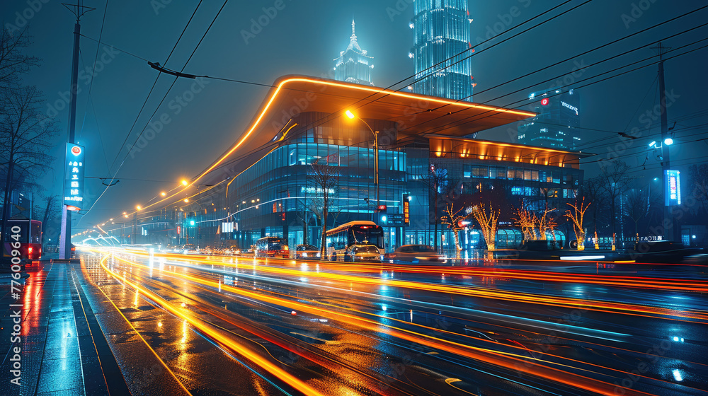 Poster the light trails on the street with modern building background. generative ai.