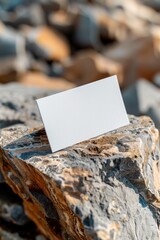 Blank White Card Standing on Textured Rock