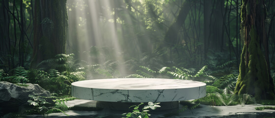 White marble display podium, standing in a lush green forest.
